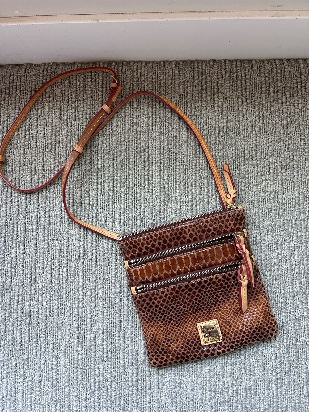 Dooney & Bourke Brown Reptile-Embossed Triple Zip Crossbody